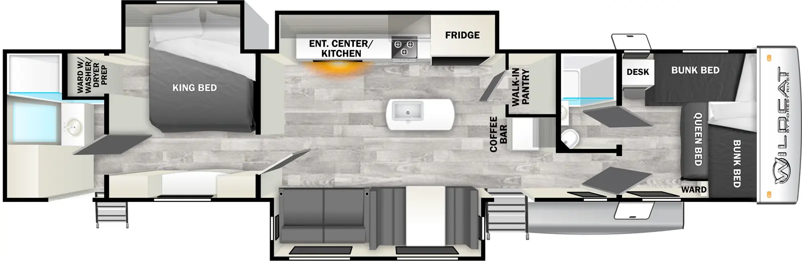 The 35FUN has three slideouts and two entries. Interior layout front to back: queen bed with bunk beds above on front and off-door side, wardrobe, desk, and full bathroom; coffee bar and walk-in pantry along inner wall; door side entry and slideout with dinette and sofa; off-door side slideout with refrigerator, kitchen counter with cooktop, and entertainment center; kitchen island with sink; mid bedroom with off-door side king bed slideout and loft above, and off-door side wardrobe with washer/dryer prep; rear full bathroom with second entry.